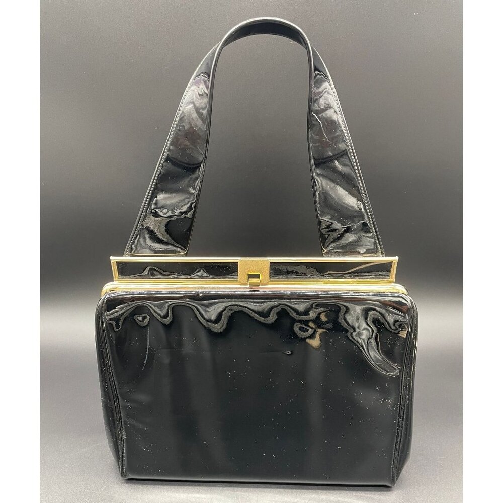 Vintage Black Patent Leather Handbag Gold Tone Memphis Cotton Carnival 1965 Card - Picture 2 of 10